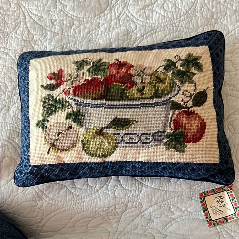 Fruit Embroidered Pillow with Blue Border